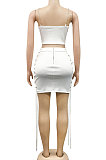 White Solid Color Fashion Women Condole Belt Chain Spliced Hollow Out Skirts Sets MY9946-1