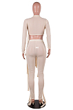 White Half Turtle Neck Dew Abdominal Knotted Mesh Long Sleeve Long Pants Sets SZS9083-1