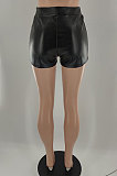 Black Casual Solid Color Leather Shorts BLE2506-1