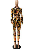 Black Autumn Print Lapel Neck Lantern Sleeve Shirts Long Pants Sets CM2150-3