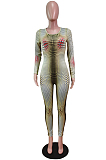 Dark Yellow Positioning Print Round Neck Back Stealth Zipper Long Sleeve Bodycon Jumpsuits WY6827-1