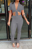 Cyan Women Fashion Ribber Deep V Neck Tied Short Sleeve Blouse Pants Sets FFE168-3