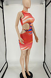 Orange Women Trendy Irregularity Printing Dew Waist Sexy Mini Dress NL6087-1