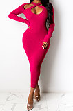 Navy Blue Euramerican Women Sexy Trendy Off Shoulder Solid Color Ribber Long Sleeve Midi Dress FFE026 -2