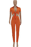 Orange Women Fashion Ribber Deep V Neck Tied Short Sleeve Blouse Pants Sets FFE168-1