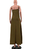 Olive Green Pure Color Condole Belt V Neck Loose Long Dress With A Pocket OH8075-2
