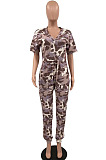 Camouflage Casual V Neck Short Sleeve Wide Leg Jumpsuits OH8080
