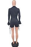 Black Summer Lapel Neck Deep V Collar Ruffle Long Sleeve Romper Shorts ZDD31153-1