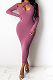 Navy Blue Euramerican Women Sexy Trendy Off Shoulder Solid Color Ribber Long Sleeve Midi Dress FFE026 -2