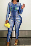 Cyan Positioning Print Round Neck Back Stealth Zipper Long Sleeve Bodycon Jumpsuits WY6827-4