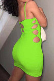 Green Women Condole Blet Solid Color Hole Sexy Slim Fitting Mini Dress ZK0709 -3