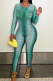 Cyan Positioning Print Round Neck Back Stealth Zipper Long Sleeve Bodycon Jumpsuits WY6827-4