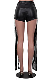 Black Pure Color Mid Waist PU Leather Pants Tassel Shorts MD421-1