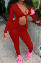 Red Low-Cut Tied Hollow Out Long Sleeve Slim Fitting Bodycon Jumpsuits BBN185-4