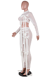 White Half Turtle Neck Dew Abdominal Knotted Mesh Long Sleeve Long Pants Sets SZS9083-1