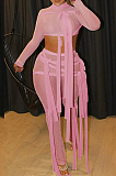 Pink Half Turtle Neck Dew Abdominal Knotted Mesh Long Sleeve Long Pants Sets SZS9083-3