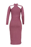 Rose Red Euramerican Women Sexy Trendy Off Shoulder Solid Color Ribber Long Sleeve Midi Dress FFE026 -3
