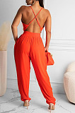 Orange Solid Color Low-Cut Condole Belt Backless Sexy Wide Leg Jumpsuits OH8077