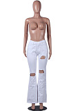 White Mid Waist Cotton High Elastic Hole Jean Long Pants MD159-2