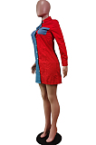 Red Lapel Neck Jean Spliced Long Sleeve Casual Shirt Dress WY6831-1