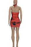 Red Women Trendy Printing Cross Halter Neck Crop Mini Dress FFE166-1