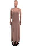 Coffee Pure Color Condole Belt V Neck Loose Long Dress With A Pocket OH8075-3