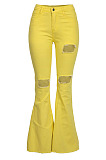 Yellow Mid Waist Cotton High Elastic Hole Jean Long Pants MD159-3