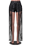 Red Pure Color Mid Waist PU Leather Pants Tassel Shorts MD421-4