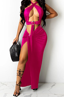 Rose Red Sexy Sleeveless Cross Condole Blet Bandage Split Solid Color Skirts Sets XZ5155-3