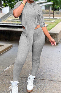 Grey White Solid Color Personality Hoodie Half Sleeve Top Tight Long Pants Sports Sets LM88802-4