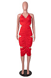 Red Halter Neck Strapless V Collar Ruffle Hollow Out Sexy Condole Belt Bodycon Dress SZS8060-2