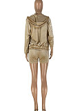 Beige Solid Color Zipper Hooded Cotton Blended Three-Piece Shorts Sets NYM236