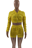 Yellow Ruffle Pure Color Hooded Zipper Long Sleeve Crop Top  Drawstring Shorts Sports Sets LM88801-2