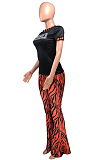 White Casual Round Neck Letter Print Short Sleeve Mid Waist Long Flare Pants Sets YMT6213-1