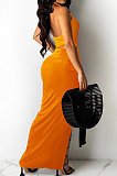 Orange Sexy Sleeveless Cross Condole Blet Bandage Split Solid Color Skirts Sets XZ5155-4