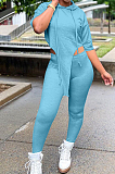 Grey White Solid Color Personality Hoodie Half Sleeve Top Tight Long Pants Sports Sets LM88802-4
