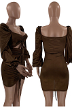 Coffee Glossy Low-Cut Bandage Lantern sleeve Hollow Out Tight Hip Dress LM88812-3