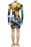 Blue Euramerican Women Digital Printing Long Sleeve Round Neck Mini Dress XZ5159-3