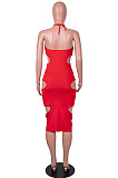 Red Halter Neck Strapless V Collar Ruffle Hollow Out Sexy Condole Belt Bodycon Dress SZS8060-2