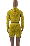 Yellow Ruffle Pure Color Hooded Zipper Long Sleeve Crop Top  Drawstring Shorts Sports Sets LM88801-2