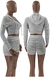 White Ruffle Pure Color Hooded Zipper Long Sleeve Crop Top  Drawstring Shorts Sports Sets LM88801-1