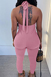 Pink Pure Color RIidder Halter Neck Bandage V Collar Sexy Backless Bodycon Jumpsuits LML251-2