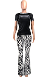 White Casual Round Neck Letter Print Short Sleeve Mid Waist Long Flare Pants Sets YMT6213-1