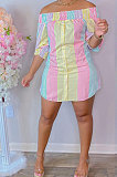 Pink Green Sexy Fashion Off Shoulder Irregularity Colorful Mini Dress K2145-3
