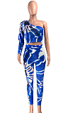 Blue Contrast Color Oblique Shoulder One Sleeve Long Skirts Sets YMT6214-2