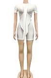 White Sexy Irregularity Round Neck Ruffle Short Sleeeve Solid Color Shorts Sets XZ5117-1