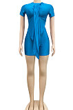 Blue Sexy Irregularity Round Neck Ruffle Short Sleeeve Solid Color Shorts Sets XZ5117-3