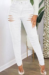 White High Waist Bodycon Hole Jeans Long Pants WE9030-2