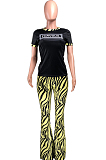 Yellow Casual Round Neck Letter Print Short Sleeve Mid Waist Long Flare Pants Sets YMT6213-3