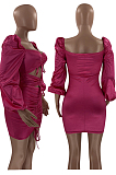 Rose Red Glossy Low-Cut Bandage Lantern sleeve Hollow Out Tight Hip Dress LM88812-2